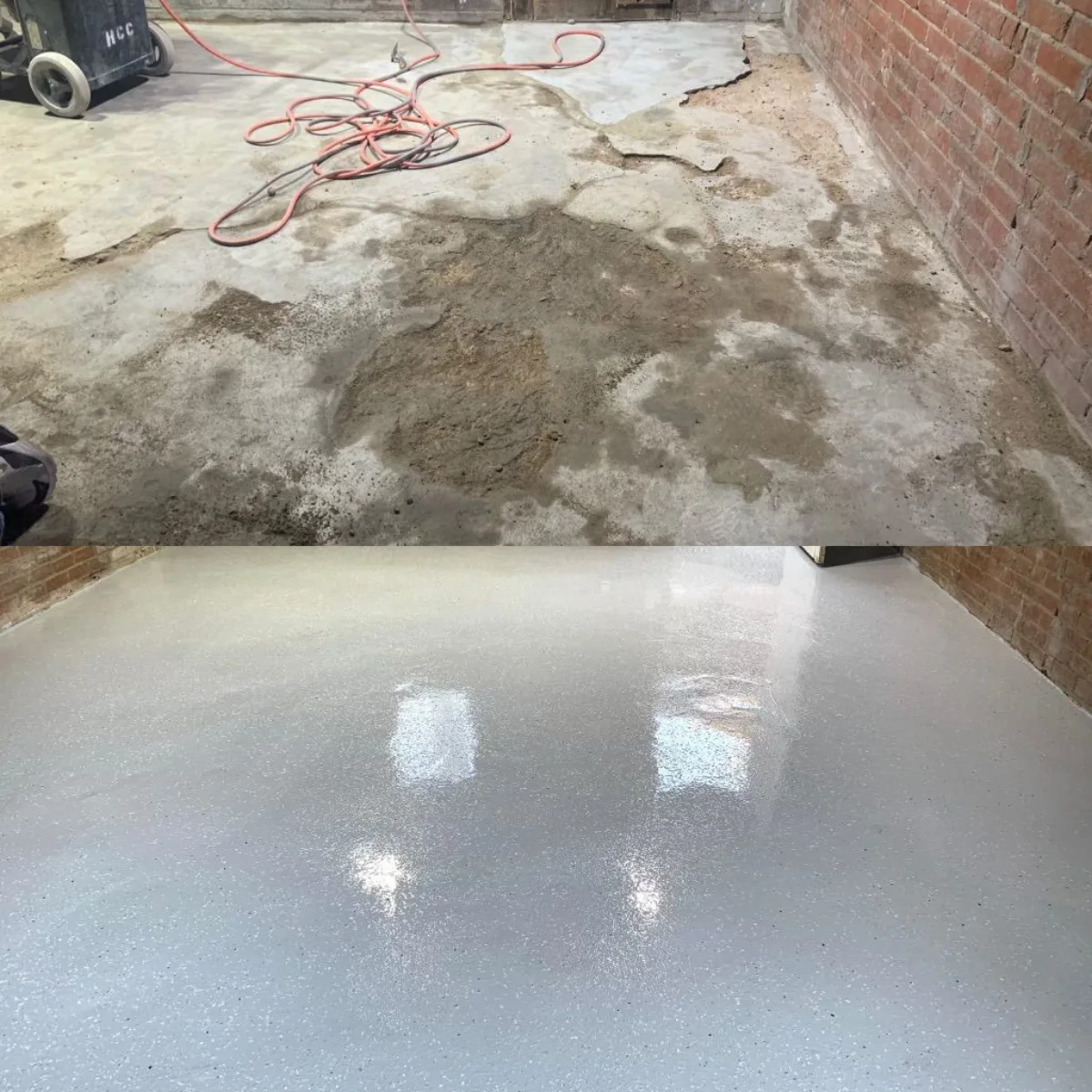 Before and after of a Denver concrete floor, stained slab on top and finished coating below